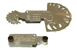 This tool quickly and accurately measures bolt/stud diameter, thread pitch, hardness/grade for replacement and indicates wrench size needed for replacement. This tool quickly and accurately measures bolt/stud diameter, thread pitch, hardness/grade for replacement and indicates wrench size needed for replacement.