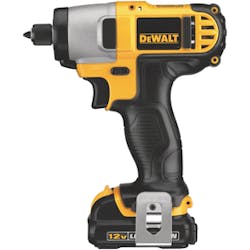 12V MAX Lithium Ion 1/4&apos; Impact Driver, No. DCF815S2DeWalt&apos;s 12V MAX Lithium Ion 1/4&apos; Impact Driver Kit, No. DCF815S2, is compact and weighs just over 2 lbs. The tool delivers 79 ft./lbs. of torque, features a 1/4&apos; hex chuck and has 3 LEDs for visibility. It accepts 1&apos; bit tips. Kit includes impact driver, two 12V MAX Lithium Ion battery packs, one 40-minute charger, one bit tip, one belt hook and a carrying bag.