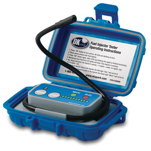 Fuel Injector Tester No. 100090The OK Spark Fuel Injector Tester, No. 100090, allows the users to instantly check and diagnose the fuel delivery system, without removing any components from the vehicle. The Fuel Injector Tester uses a flexible replaceable probe to reach into the engine and read the pulse at the injector body or off the fuel rail. The probe allows user to access the fuel delivery system quickly and easily, keeping hands free from hot or moving engine parts. With a mechanical signal coming from the body, a sound and LED bar graph indicate when there is a problem. Waterproof storage case and 9V battery included.