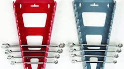 Hansen Global Quik-Pik wrench racks come in two sizes: the red design stores SAE wrench sizes (No. 5301), and the gray design stores metric wrench sizes (No. 5302).