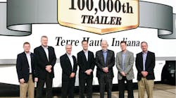 Great Dane and Celadon Group executives celebrate milestone of 100,000 trailers at manufacturing facility in Terre Haute, Indiana. Participants are, from left: Cory Lookebill, Plant Manager, Great Dane. Dean Engelage, Executive Vice President, Sales and Strategic Planning, Great Dane. Dave Gilliland, Vice President, Branch Sales and Operations, Great Dane. Paul Will, Vice Chairman, President and Chief Operating Officer, Celadon. Steve Russell, Founder, Chairman and Chief Executive Officer, Celadon. Monte Horst, Vice President, Sales and Marketing, Celadon. Michael Gabbei, Chief Information Officer, Celadon.