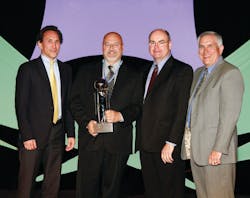 Carrier Transicold of Detroit was recognized as Carrier Transicold&rsquo;s 2011 Dealer of the Year. Pictured from left are David Appel, president, Carrier Transicold; Mark Sparkman, president, Carrier Transicold of Detroit; Tom Ondo, general manager, Carrier Transicold Truck/Trailer/Rail Americas and Ralph Bott, general manager, Carrier Transicold Performance Parts Group.