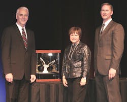 Rihm Kenworth was recently honored with the 2011 Kenworth Medium Duty Dealer of the Year Award for the United States and Canada at the annual Kenworth Dealer Meeting held recently in Columbus, Ohio. From left are Gary Moore, Kenworth general manager and PACCAR vice president; Kari Rihm, president and CEO of Rihm Kenworth; and Preston Feight, Kenworth assistant general manager - marketing and sales.
