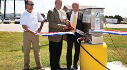 Donn Quinn, president of Sapp Brothers, cuts the ribbon to officially open truckstop electrification at Sapp Brothers in Omaha, Neb. Quinn is joined by Paul Clarke (left), site development specialist for Shorepower, and Omaha Mayor Jim Suttle. Donn Quinn, president of Sapp Brothers, cuts the ribbon to officially open truckstop electrification at Sapp Brothers in Omaha, Neb. Quinn is joined by Paul Clarke (left), site development specialist for Shorepower, and Omaha Mayor Jim Suttle.