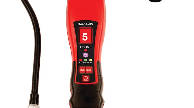 Techno Tools Dual Mode Refrigerant LeakDetector, No. D440-UV, does not require rechargeable batteries. For more information on this product, go to www.VehicleServicePros.com/10733142.