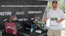 Victor Technologies&apos; communication manager Bill Wehrman showcases the &apos;Innovation to Shape the World&apos; contest&rsquo;s $4,000 prize package to welding students and instructors at the 2012 SkillsUSA competition in Kansas City, Mo.