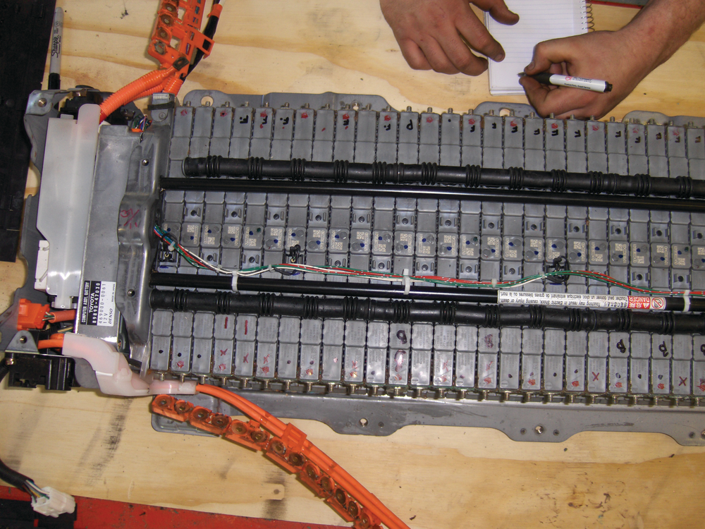 Figure 1: When rebuilding a hybrid battery, it is important to make notes on which cells pass and fail load testing.