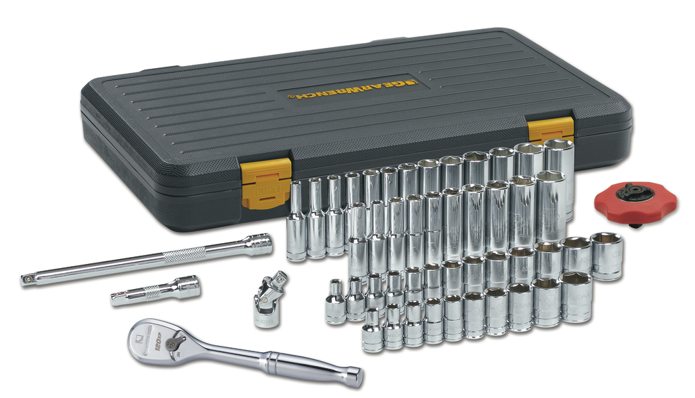 GearWrench 51-piece 1/4' Drive SAE/Metric 6-point Standard & Deep Socket Set, featuring the new 120XP 1/4' Drive Full Polish Teardrop Ratchet