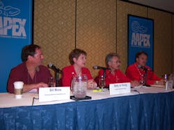 Betty Jo Young, second from left, encourages product suppliers to co-brand products where appropriate. She is flanked at left by Bill Moss, Tom Piippo and Dave Kusa. Betty Jo Young, second from left, encourages product suppliers to co-brand products where appropriate. She is flanked at left by Bill Moss, Tom Piippo and Dave Kusa.