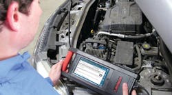 The technician uses the Launch GDS web browser to access GM GlobalConnect (subscription needed), where he researches the technical service bulletin. For more information on this product, go to www.vehicleservicepros.com/10363164. The technician uses the Launch GDS web browser to access GM GlobalConnect (subscription needed), where he researches the technical service bulletin. For more information on this product, go to www.vehicleservicepros.com/10363164.