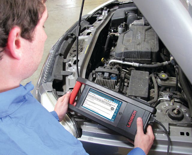 The technician uses the Launch GDS web browser to access GM GlobalConnect (subscription needed), where he researches the technical service bulletin. For more information on this product, go to www.vehicleservicepros.com/10363164.