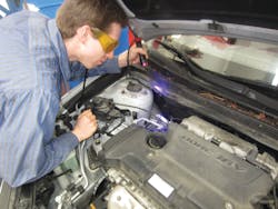 Figure 1: The best way to find A/C leaks is the tried and tested method of fulling the A/C system up to full capacity with dye. Be sure to use a full-spectrum dye, and also a black light capable of seeing multiple dyes such as the UV Phazer Neo, No. 413025, from UView pictured here. For more information on this product check out vehicleservicepros.com/10223204. Figure 1: The best way to find A/C leaks is the tried and tested method of fulling the A/C system up to full capacity with dye. Be sure to use a full-spectrum dye, and also a black light capable of seeing multiple dyes such as the UV Phazer Neo, No. 413025, from UView pictured here. For more information on this product check out vehicleservicepros.com/10223204.