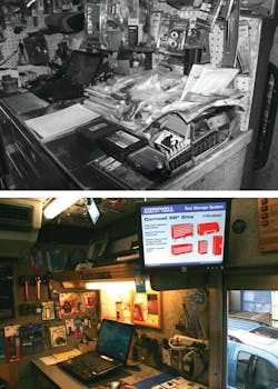 These photos demonstrate the importance of keeping the counter neat. The top photo is an example of a counter that makes selling difficult. The counter in the bottom photo makes use of a video monitor that helps sell tools.