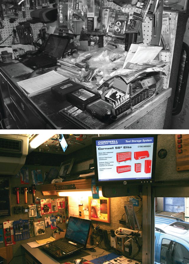 These photos demonstrate the importance of keeping the counter neat. The top photo is an example of a counter that makes selling difficult. The counter in the bottom photo makes use of a video monitor that helps sell tools.