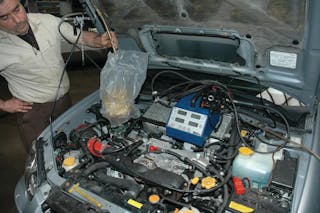 A portable emissions analyzer from EMS can be used to test for head gasket leaks. Head gasket leaks can be checked this way on any vehicle. For more information on this product please check out vehicleservicepros.com/10097468
