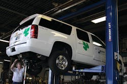 Joe Howell of JASPER Alternate Fuels, a division of JASPER Engines & Transmissions, uses the company's new Rotary Lift SPO18 heavy-duty two-post lift to convert a company truck to run on propane autogas. Joe Howell of JASPER Alternate Fuels, a division of JASPER Engines & Transmissions, uses the company's new Rotary Lift SPO18 heavy-duty two-post lift to convert a company truck to run on propane autogas.