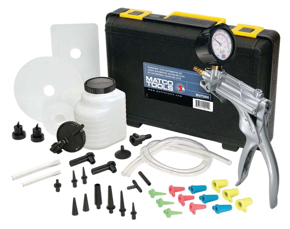 The vacuum/pressure pump kit, No. MVP 5000, from Matco Tools can be used to bleed vehicles by sucking fluid out. For information on this product, go to www.VehicleServicePros.com/10877963.