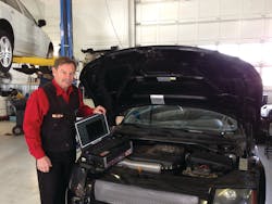 Dave Lang uses the Automotive Test Solutions Escope Pro 8-channel, twin-time-base labscope to view electrical circuits quickly in the cars that come into his shop nowadays.