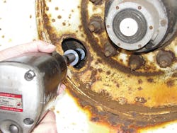 Remove dual steel wheels that are rusted or stuck together with the Ken-Tool Dual Wheel Separator Kit.