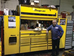 Doug Markland's huge toolbox resides in a shop that works on a lot of European vehicles, as the Mercedes antifreeze on top of it reflects. Doug Markland's huge toolbox resides in a shop that works on a lot of European vehicles, as the Mercedes antifreeze on top of it reflects.