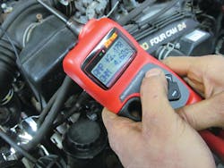 Figure 7: The PowerProbe Hook, here jumped to the power side of the A/C compressor, can quickly turn it on in order to confirm the compressor is in working condition. This Toyota 4Runner compressor pulls a about 2.5 amps even though it has a 10 amp fuse. For more information on this tool check out www.VehicleServicePros.com/10727921. Figure 7: The PowerProbe Hook, here jumped to the power side of the A/C compressor, can quickly turn it on in order to confirm the compressor is in working condition. This Toyota 4Runner compressor pulls a about 2.5 amps even though it has a 10 amp fuse. For more information on this tool check out www.VehicleServicePros.com/10727921.