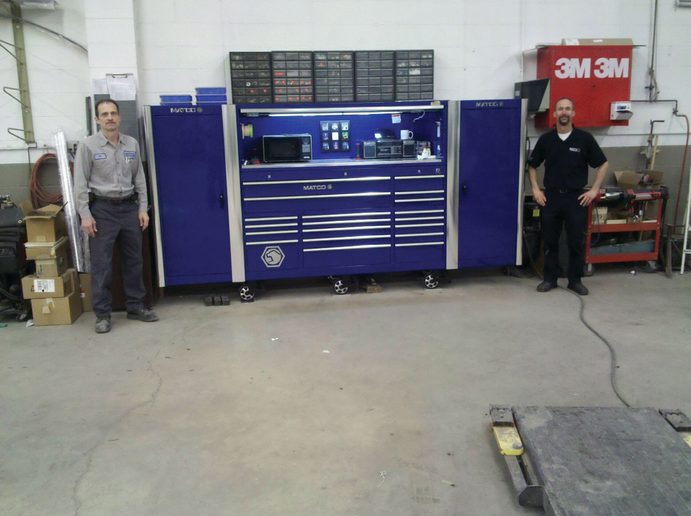 Matco Tools distributor Rick Ressler (right), meets with one of his customers, Joe, who recently purchased a toolbox from Rick.