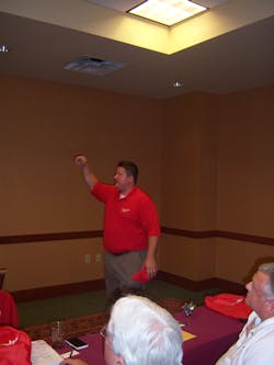 Daniel Jonke explains new cordless power technology during the Ace Tool Co. national dealer expo. Daniel Jonke explains new cordless power technology during the Ace Tool Co. national dealer expo.