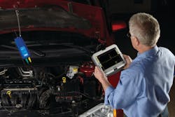 Figure 3A: Here, a technician is hooked up with a labscope to an ignition coil, by back probing its ground with an OTC Tech Scope, No. 3857. For more information on this product check out www.VehicleServicePros.com/10615029. Figure 3A: Here, a technician is hooked up with a labscope to an ignition coil, by back probing its ground with an OTC Tech Scope, No. 3857. For more information on this product check out www.VehicleServicePros.com/10615029.