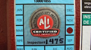 Vehicle lifts successfully inspected by ALI Certified Lift Inspectors carry a label with the most recent inspection date for the benefit of all users and code enforcement officials.
