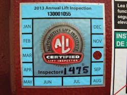 Vehicle lifts successfully inspected by ALI Certified Lift Inspectors carry a label with the most recent inspection date for the benefit of all users and code enforcement officials. Vehicle lifts successfully inspected by ALI Certified Lift Inspectors carry a label with the most recent inspection date for the benefit of all users and code enforcement officials.