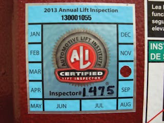 Vehicle lifts successfully inspected by ALI Certified Lift Inspectors carry a label with the most recent inspection date for the benefit of all users and code enforcement officials.