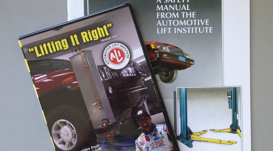 The Lifting It Right manual and DVD from the Automotive Lift Institute (ALI) document the correct procedures for safely operating and maintaining a vehicle lift.