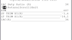 The scan tool was connected, and the bi-directional controls for IAC (idle air control) duty ratio were selected. The first example shows the command forced to 34 percent. The scan tool was connected, and the bi-directional controls for IAC (idle air control) duty ratio were selected. The first example shows the command forced to 34 percent.