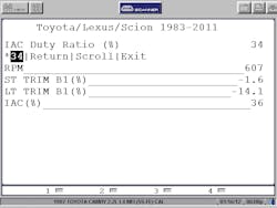 The scan tool was connected, and the bi-directional controls for IAC (idle air control) duty ratio were selected. The first example shows the command forced to 34 percent. The scan tool was connected, and the bi-directional controls for IAC (idle air control) duty ratio were selected. The first example shows the command forced to 34 percent.