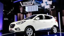 The 2015 Hyundai Tucson Fuel Cell hydrogen-powered electric vehicle is introduced at the 2013 Los Angeles Auto Show.