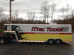 Manning's trailer gives him a lot of visibility as he drives it around Akron, Ohio. Manning's trailer gives him a lot of visibility as he drives it around Akron, Ohio.