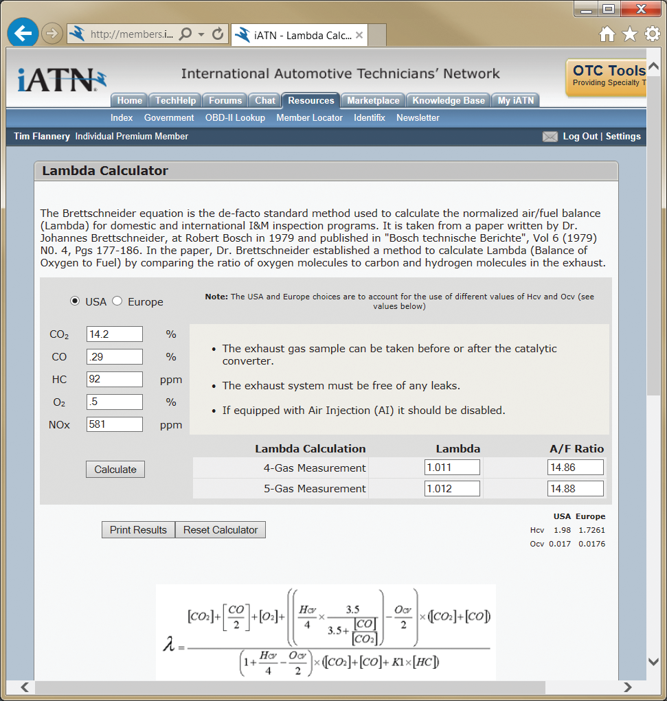 Fig. 1: The iATN Lambda calculator indicates the engine is running a little lean at 1.012.