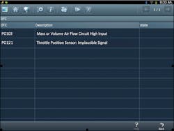 Fig. 1: The scan tool finds the following DTCs stored: P0103/16487 and P0121/16505. The P0103 will indicate mass or volume air flow circuit high input. The P0121 will indicate throttle position sensor: implausible signal. Fig. 1: The scan tool finds the following DTCs stored: P0103/16487 and P0121/16505. The P0103 will indicate mass or volume air flow circuit high input. The P0121 will indicate throttle position sensor: implausible signal.