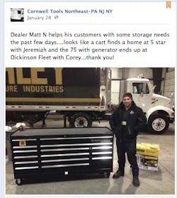 A distributor finds it helpful to spread the good news on Facebook when a customer buys a toolbox.