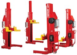 The Mach series of mobile column lifts from Rotary Lift features intuitive graphic controls, a spring-loaded automatic steering system and an inverted hydraulic column that protects the chrome piston rod. These features reduce setup time and maintenance.