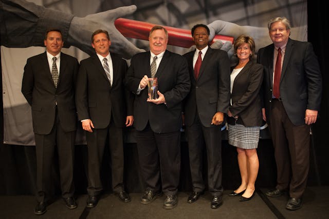 Eaton was recently named one of Cummins&rsquo; top suppliers in the U.S. for its technology contribution and partnering. Pictured from left to right are: Tim Millwood, executive director, Purchasing, Cummins; Scott Adams, executive director, Sales, Automotive North America, Eaton; Tom Stover, chief technology officer, Vehicle Group, Eaton; Michael Johnson, director, Sales, Automotive North America, Eaton; Lisa Yoder, vice president, Global Supply Chain and Manufacturing, Cummins; and, Steve Spaulding, vice president, Engine Business Unit Purchasing and Supply Chain Management, Cummins.
