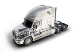 The Freightliner Cascadia Evolution features the new integrated Detroit powertrain. The Freightliner Cascadia Evolution features the new integrated Detroit powertrain.