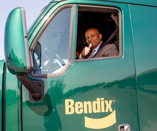 U.S. Secretary of Transportation Anthony Foxx drives a demo truck outfitted with Bendix ADB22X air disc brakes during the Bendix advanced safety technologies demonstration held May 7-8, in Washington, D.C.