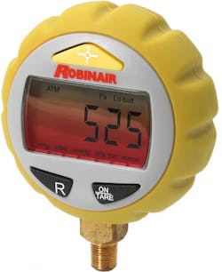 The three-color backlight display on the Robinair RAVG-1 Digital Micron Gauge offers at one glance the vacuum process status: green indicates correct vacuum is achieved, yellow advises of decreasing vacuum, red indicates moisture or a leak.