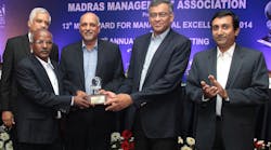 P. Kaniappan (second from left), vice president, WABCO India Ltd., accepts the 2014 MMA Award for Managerial Excellence in Manufacturing. The Madras Management Association (MMA) recognized WABCO India for excellence in financial performance, product innovation and customer awards.