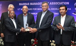 P. Kaniappan (second from left), vice president, WABCO India Ltd., accepts the 2014 MMA Award for Managerial Excellence in Manufacturing. The Madras Management Association (MMA) recognized WABCO India for excellence in financial performance, product innovation and customer awards.