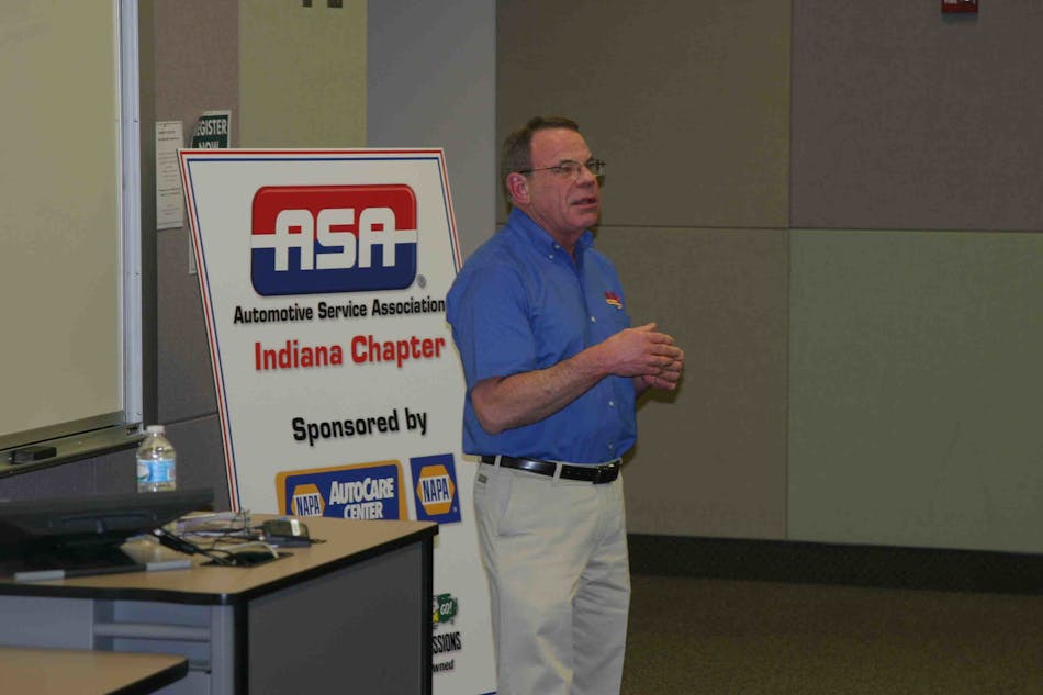Vernie Menke, owner of Menke&rsquo;s Automotive Repair in Newburgh, Ind., speaks to attendees at ASA-Indiana&rsquo;s first meeting. ASA-Indiana is the Automotive Service Association&rsquo;s 14th affiliate.