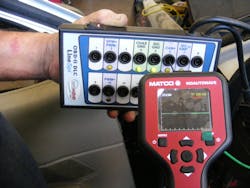 To check for communication on the CAN Data lines, in this case pins 6 and 14 of the DLC, use the AESWave LineSpi Breakout Box and the Matco MDAutowave waveform viewer.