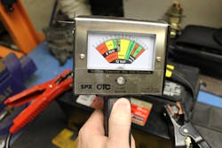 A load tester shows load being applied. Here, the dial indicates the battery is in good, based on the reading of the dial in the green. A load tester shows load being applied. Here, the dial indicates the battery is in good, based on the reading of the dial in the green.