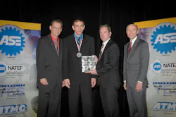 (L-R): Glenn Dahl, ASE chairman of the board of directors; Joseph Grenchik, Technician of the Future; Nick DiVerde, senior marketing director, Mitchell 1; Tim Zilke, ASE president & CEO. (L-R): Glenn Dahl, ASE chairman of the board of directors; Joseph Grenchik, Technician of the Future; Nick DiVerde, senior marketing director, Mitchell 1; Tim Zilke, ASE president & CEO.